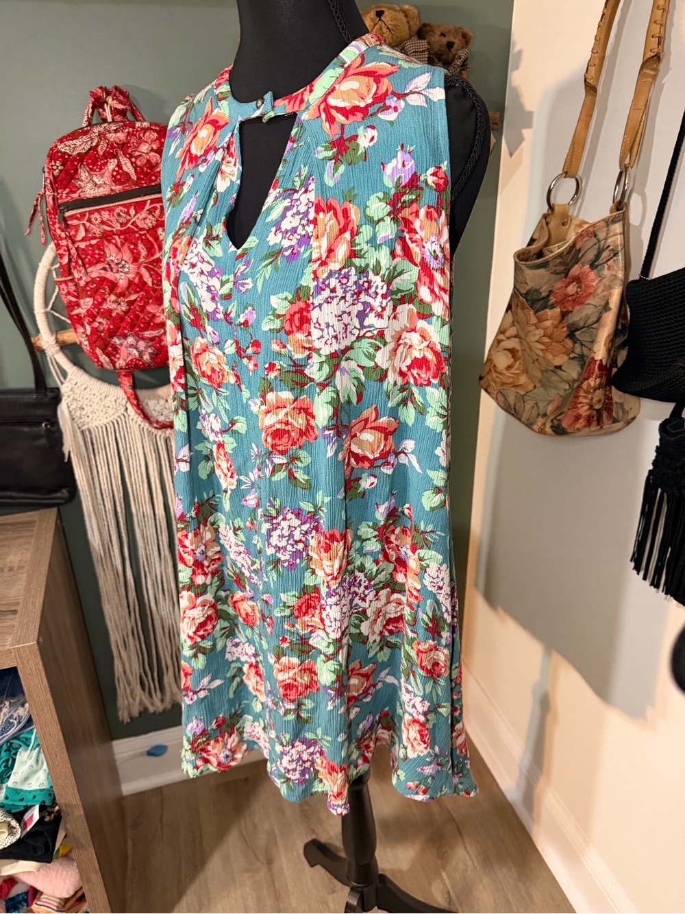SOLD Aqua Floral Keyhole Sleeveless Dress Size Small Boho - Picture 4 of 5